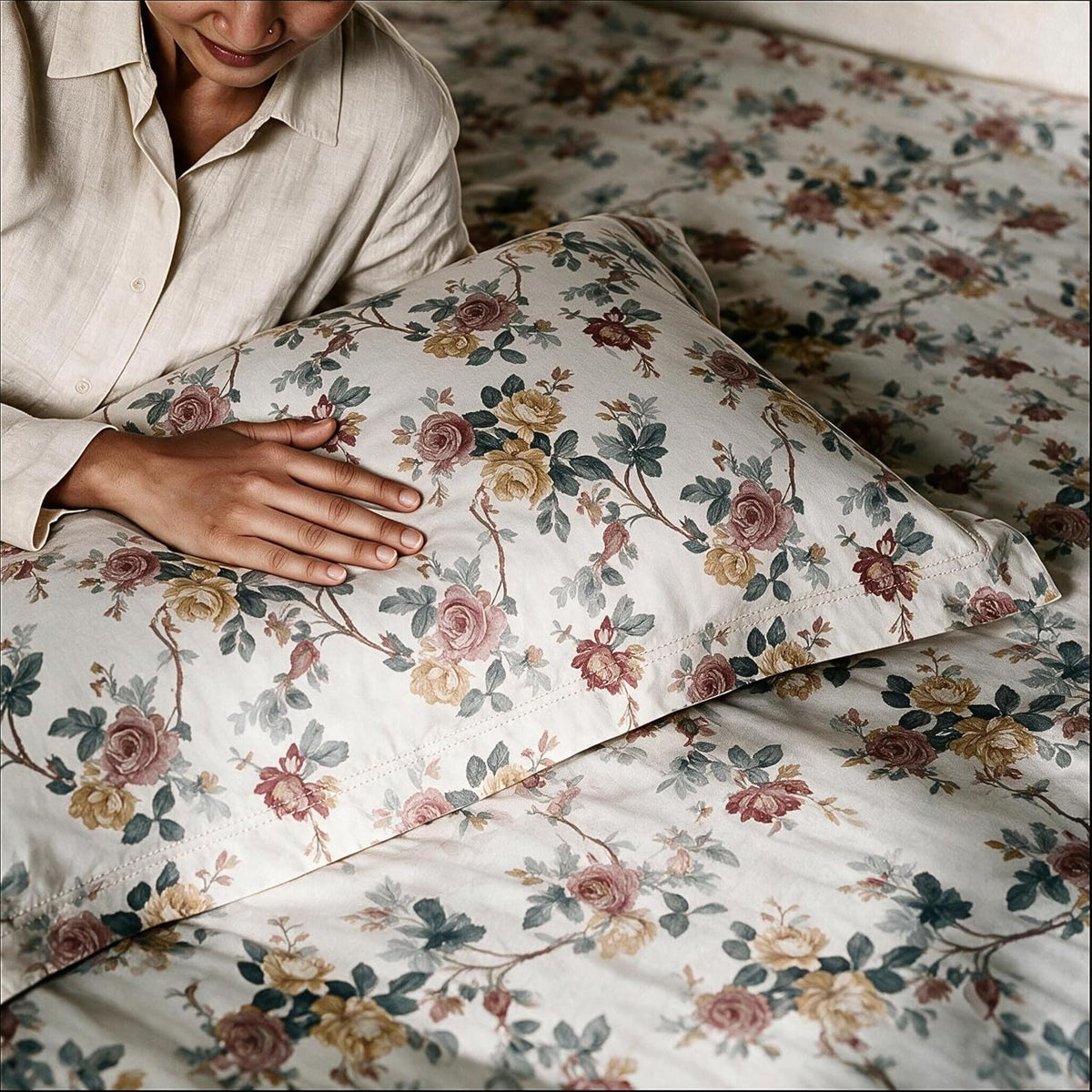 HOKIPO Floral 180 TC Cotton Twill Flat Bedsheet in King Size, Blue & Red - image 7