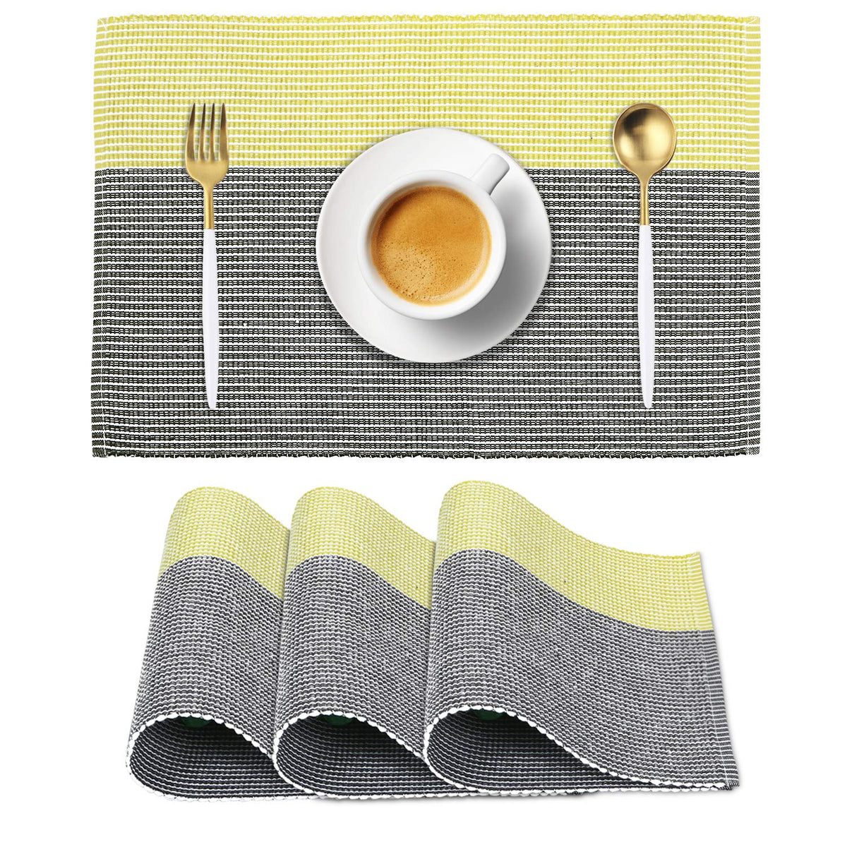 Ribbed Cotton Heat Resistant Dining Table Mat, Yellow & Grey