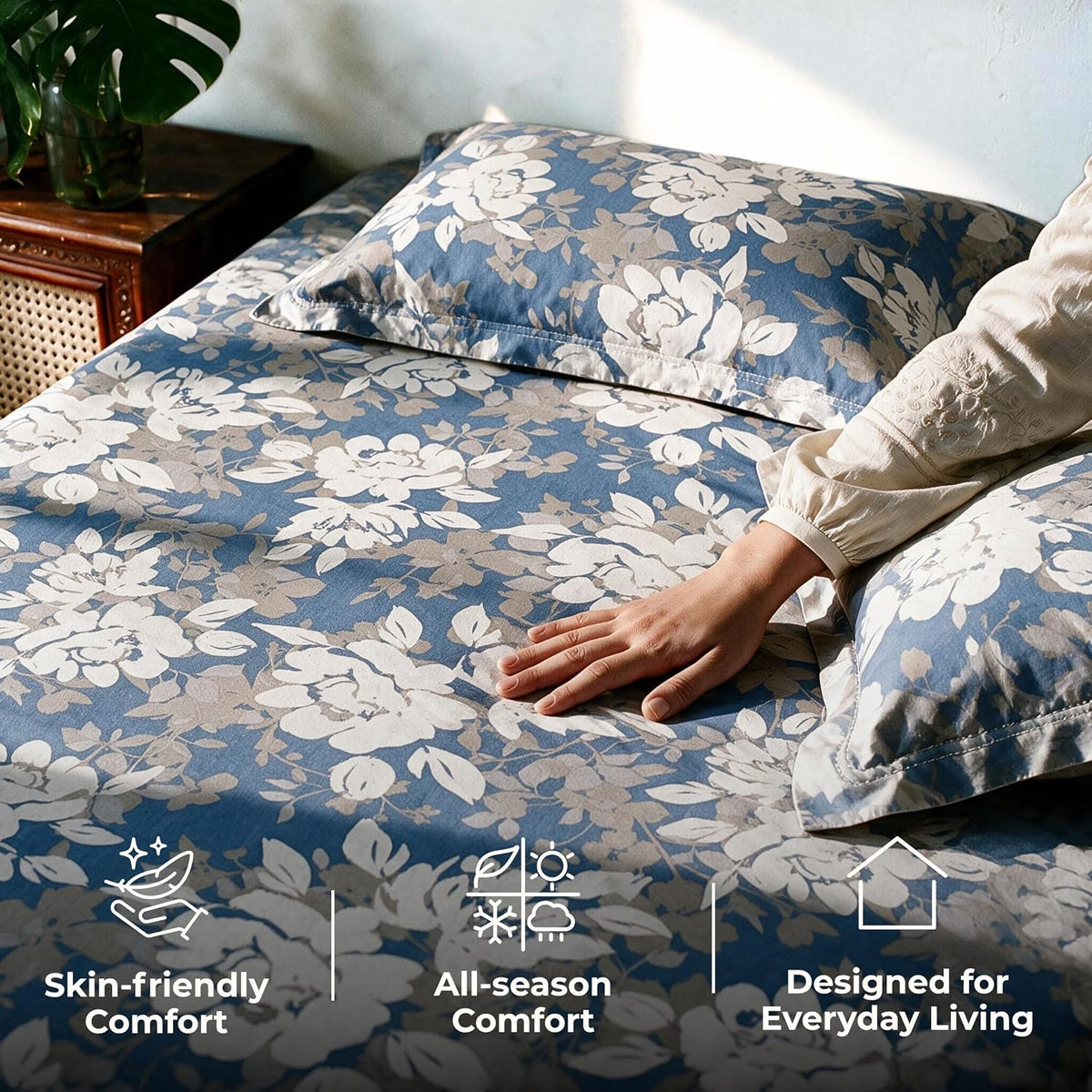 HOKIPO Floral 210 TC Cotton Sateen Flat Bedsheet, King, Beige & Ivory - image 4