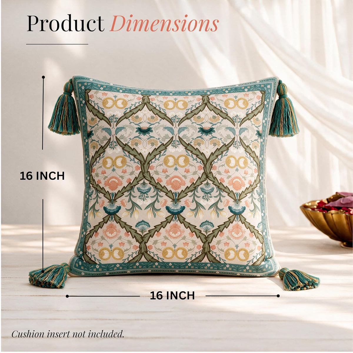 HOKIPO Floral Motif Printed & Embroidered Cushion Cover, Teal, Set of 2 - image 6
