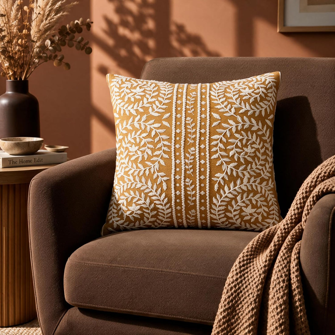 HOKIPO Printed Cushion Cover with Embroidery, Botanical Stripe Mustard, 16 x 16 in - image 1