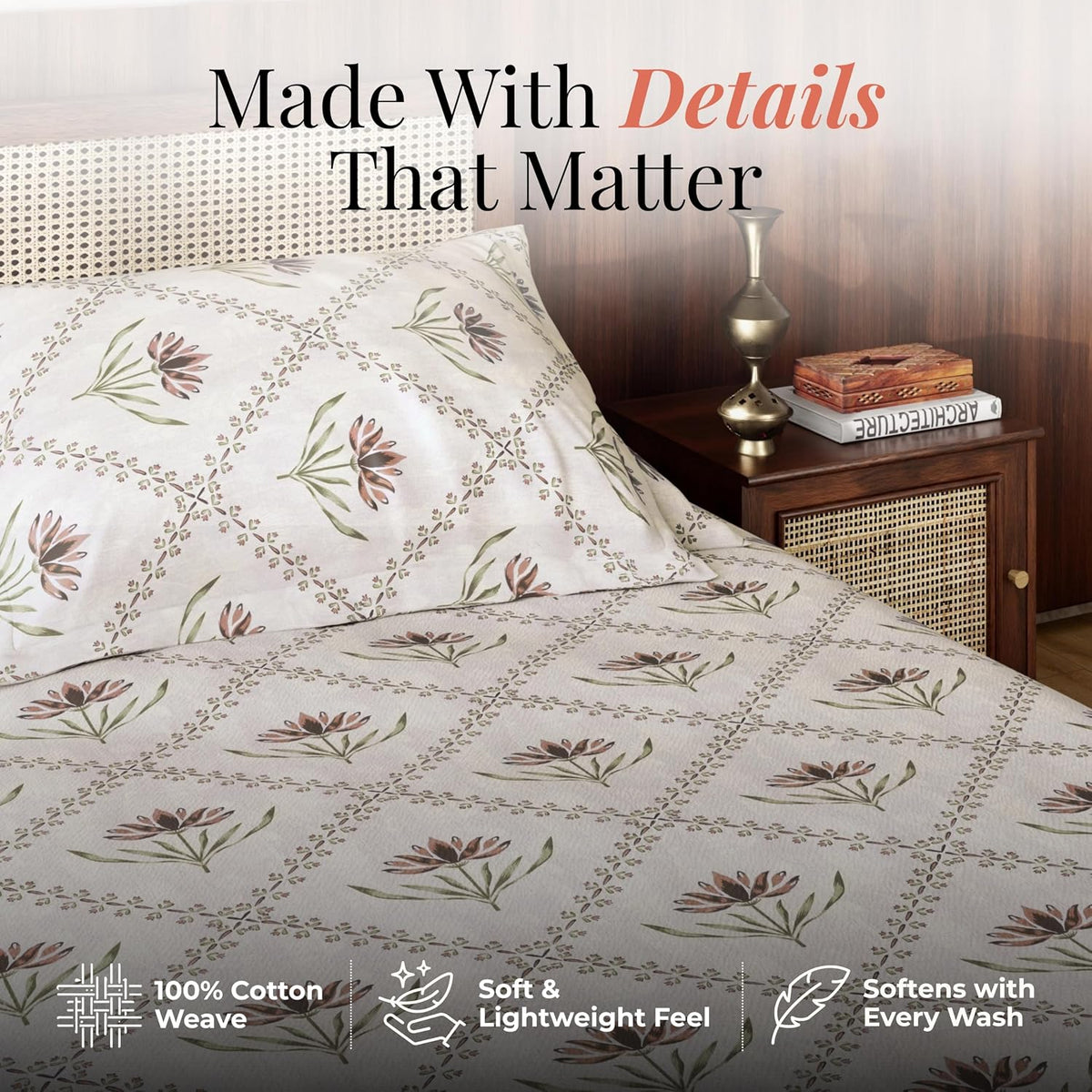 HOKIPO King Size Cotton Bedsheet, 2 Pillow Covers, Lotus, Terracotta - image 4