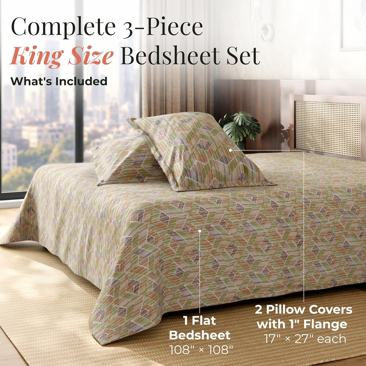 HOKIPO King Size Cotton Bedsheet, 2 Pillow Covers, Geometric, Citrus Sand - image 7