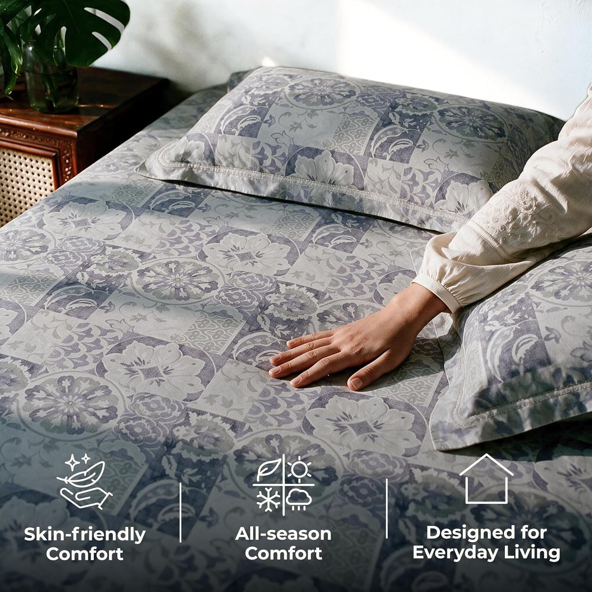 HOKIPO Suzani Patchwork 210 TC Cotton Sateen Flat Bedsheet, King, Violet - image 4