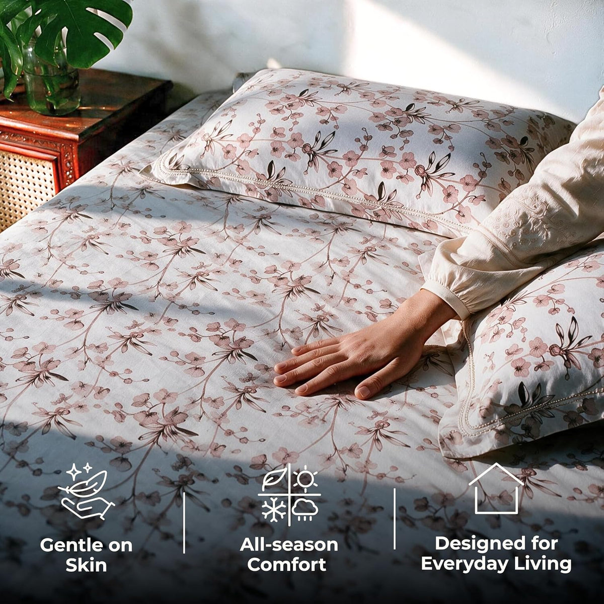HOKIPO Cherry Blossom 300 TC Cotton Sateen Flat Bedsheet, King, Pink Cream - image 4