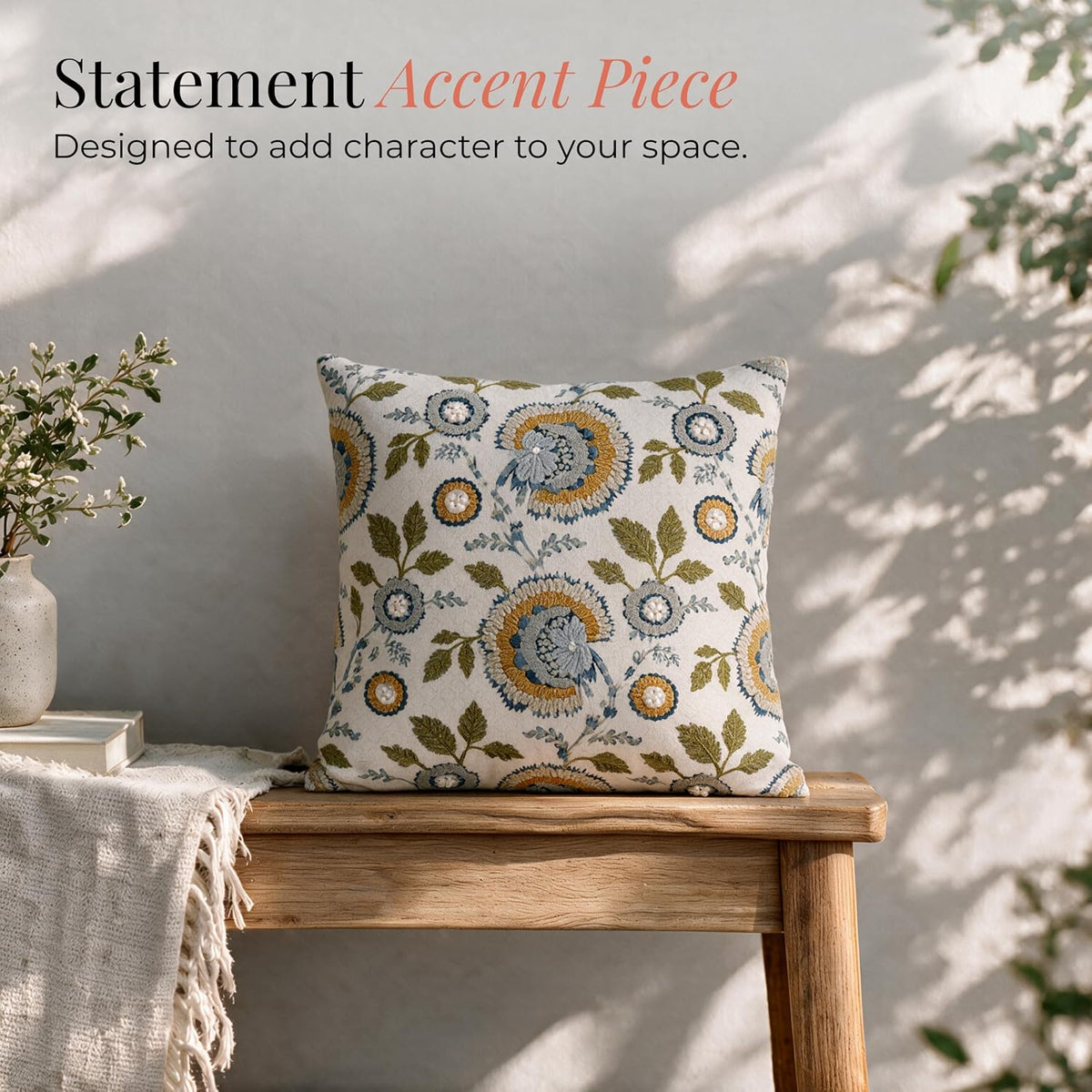 HOKIPO Chenille Embroidered Cushion Cover, Floral Motif Sage Blue, 16 x 16 in - image 5