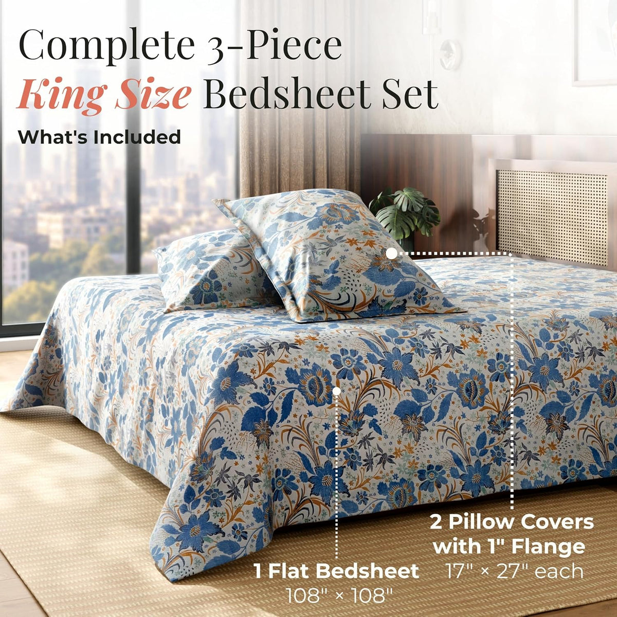 HOKIPO King Size Cotton Bedsheet, 2 Pillow Covers, Floral, Indigo Blue - image 7