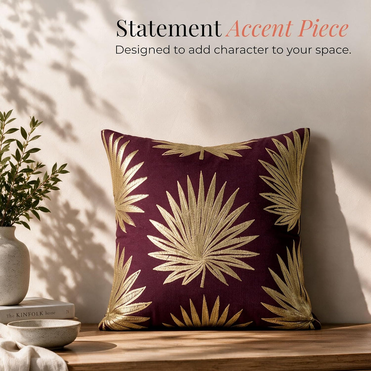 HOKIPO Embroidered Cushion Cover with Foil Print, Palm Leaf Burgundy, 16 x 16 in - image 5