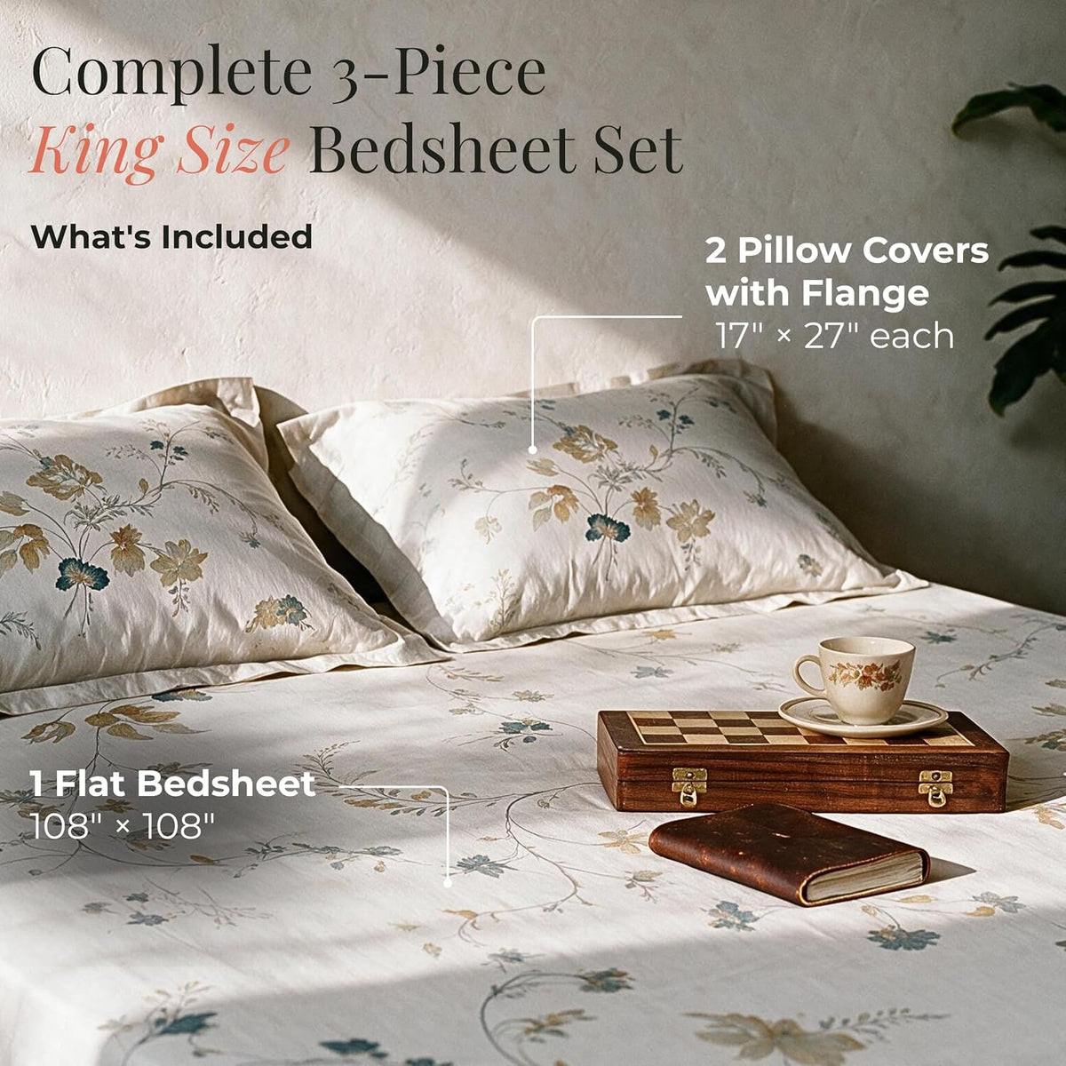 HOKIPO Floral 300TC Cotton Sateen Flat Bedsheet, King Size, Teal & Ochre - image 5