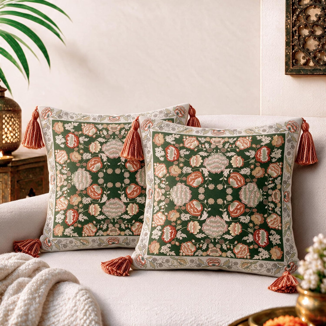 HOKIPO Garden Floral Printed & Embroidered Cushion Cover, Terracotta, Set of 2 - image 1