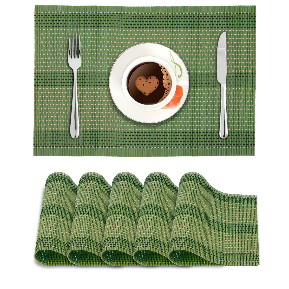 Reversible Bamboo Table Mats For Dining Table, Set Of 6 Placemats, 45X30 Cm, Green