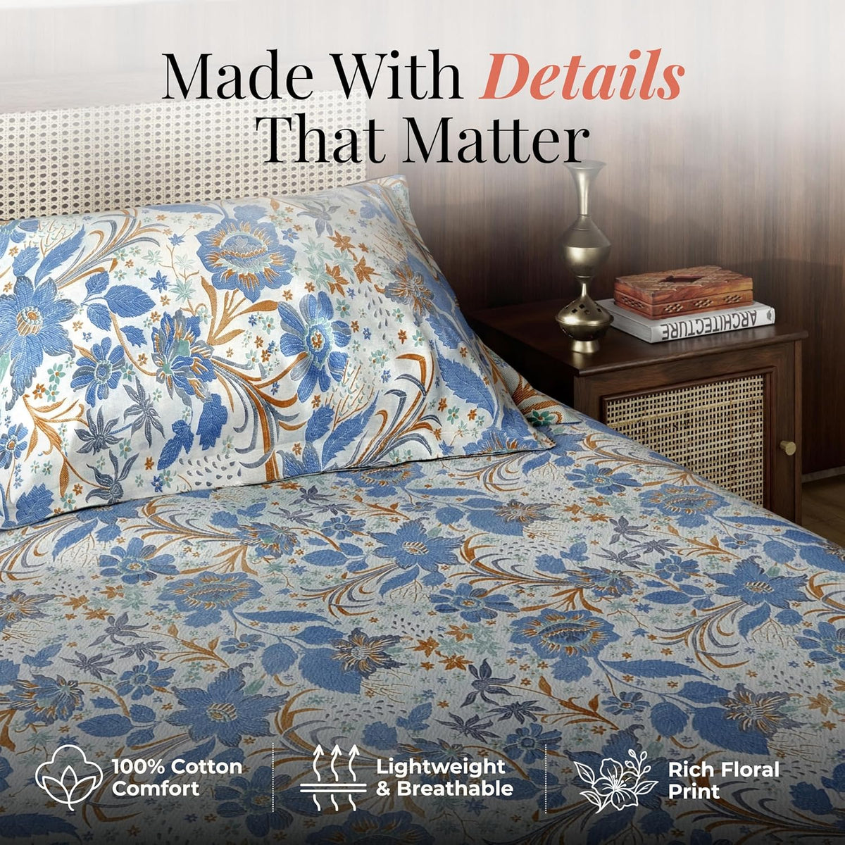 HOKIPO King Size Cotton Bedsheet, 2 Pillow Covers, Floral, Indigo Blue - image 4