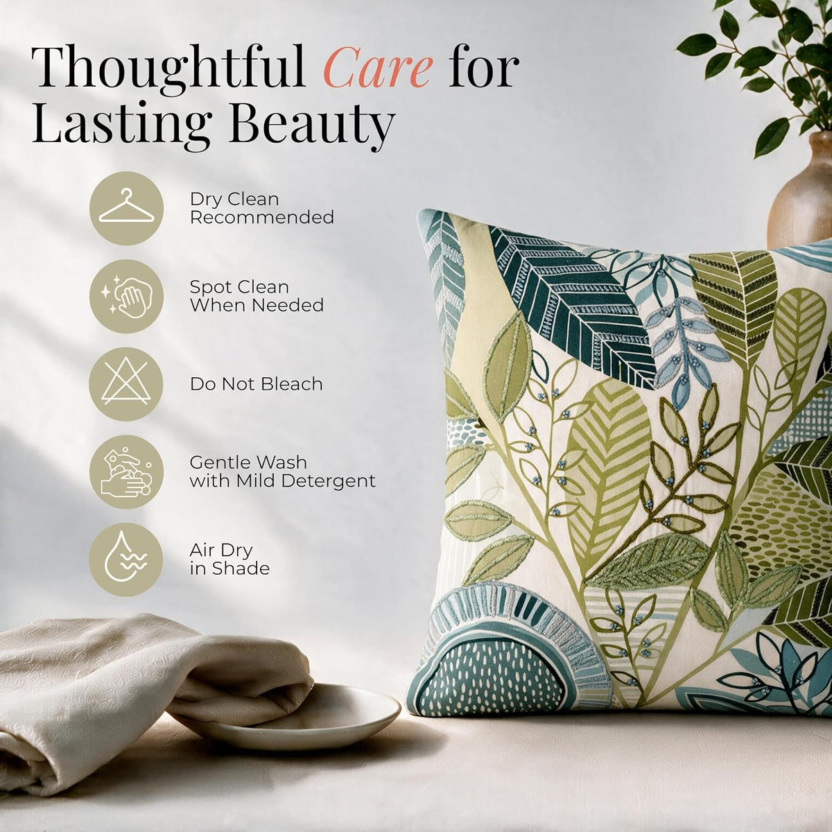 HOKIPO Chenille Embroidery Cushion Cover, Leafscape Green, 16 x 16 in - image 6