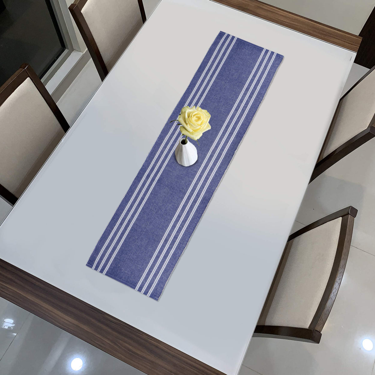 Buy Blue Colour Cotton Ribbed Dining Table Runner - HOKIPO | Har Ghar ka Humsafar