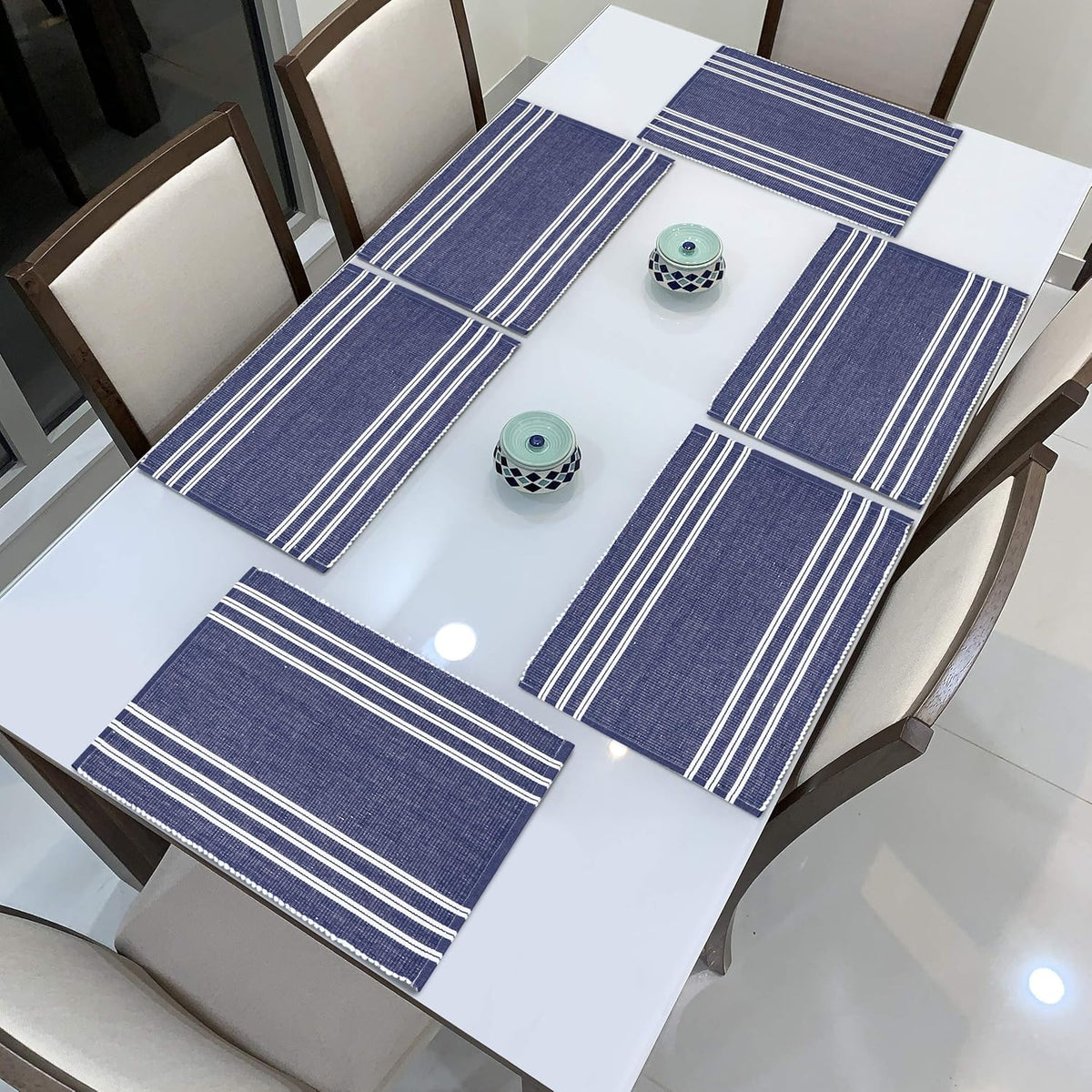 Ribbed Cotton Heat Resistant Dining Table Mat, Blue