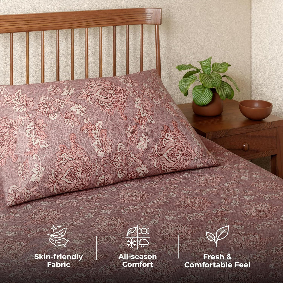 HOKIPO King Size Cotton Bedsheet, 2 Pillow Covers, Reversible, Rose - image 6