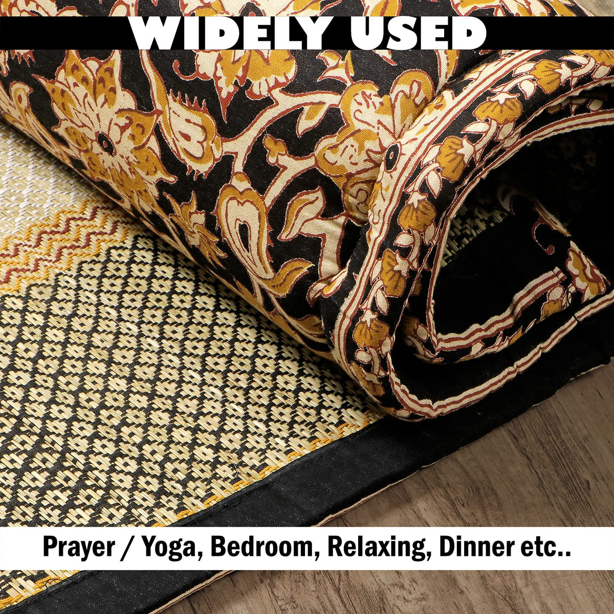 Black Colour Handcrafted Madurkathi mat with Kalamkari print, eco-friendly multipurpose mat for yoga, prayer, dining, relaxing and home.