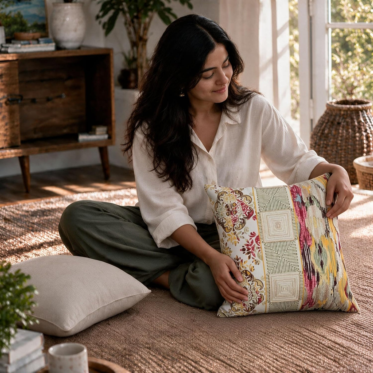 HOKIPO Satin Stitch Embroidery Cushion Cover, Multicolor Eclectic, 16 x 16 in - image 7