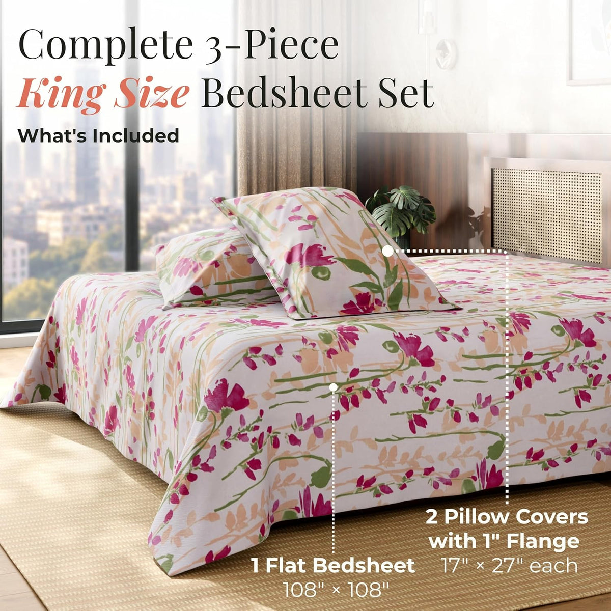 HOKIPO King Size Cotton Bedsheet, 2 Pillow Covers, Painted Garden, Fuchsia - image 7