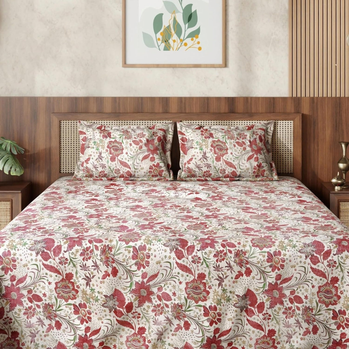 HOKIPO King Size Cotton Bedsheet, 2 Pillow Covers, Etched Floral, Raspberry - image 9