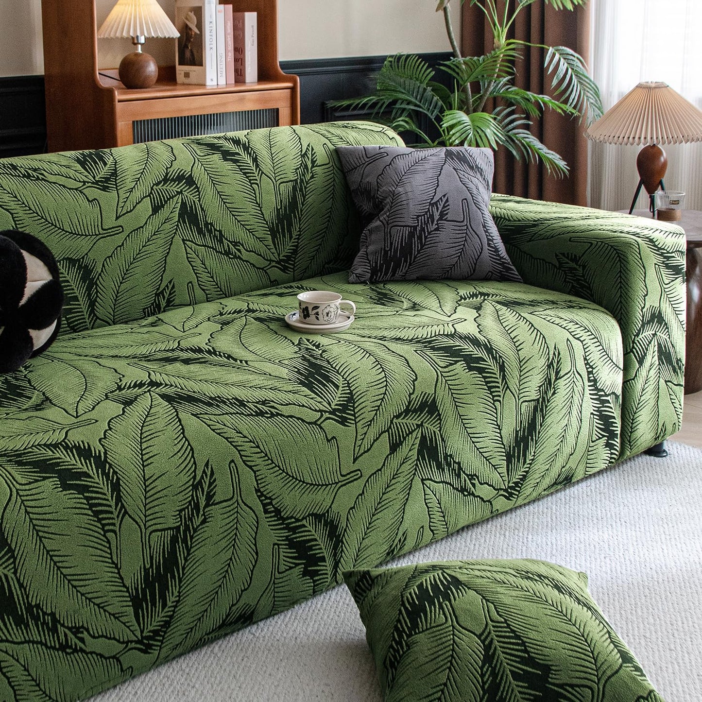 Dual Tone Knitting Jacquard Sofa Cover 1/2/3 Seater Fully Covered - Olive Green