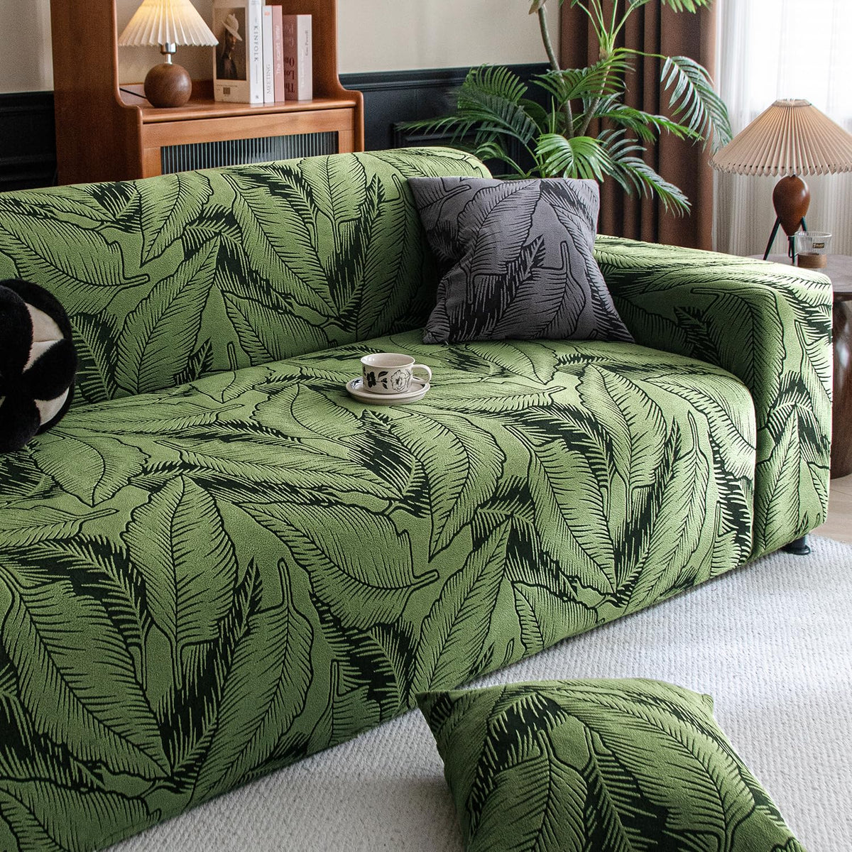 Dual Tone Knitting Jacquard Sofa Cover 1/2/3 Seater Fully Covered - Olive Green