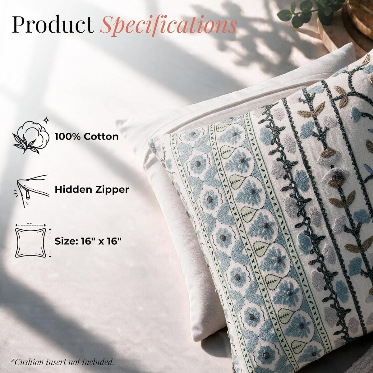 HOKIPO Printed Cushion Cover with Embroidery, Floral Strip Ivory, 16 x 16 in (Heathered Embroidery) - image 4