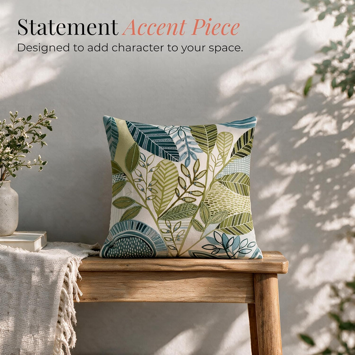 HOKIPO Chenille Embroidery Cushion Cover, Leafscape Green, 16 x 16 in - image 5