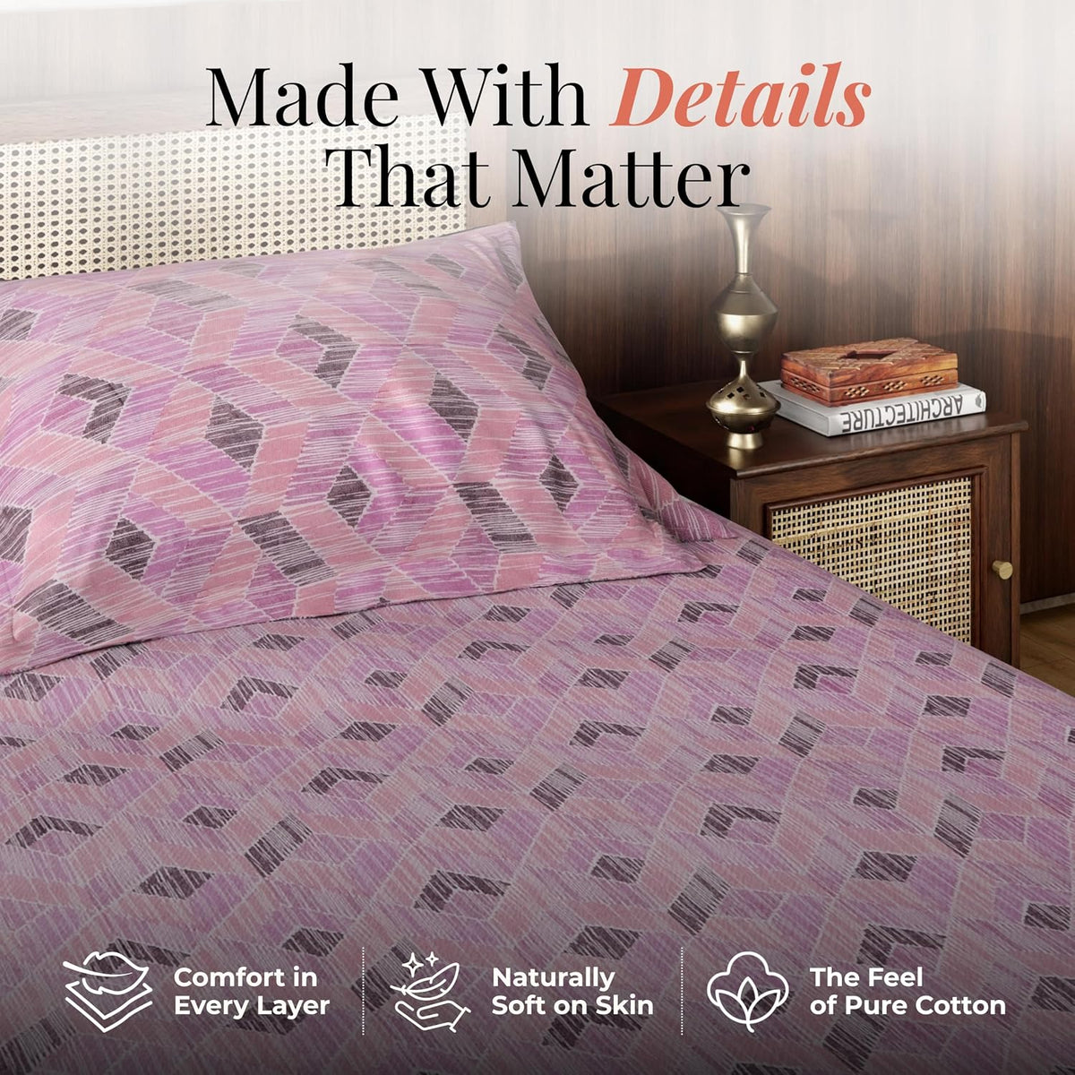 HOKIPO King Size Cotton Bedsheet, 2 Pillow Covers, Linear Geometry, Rose - image 4
