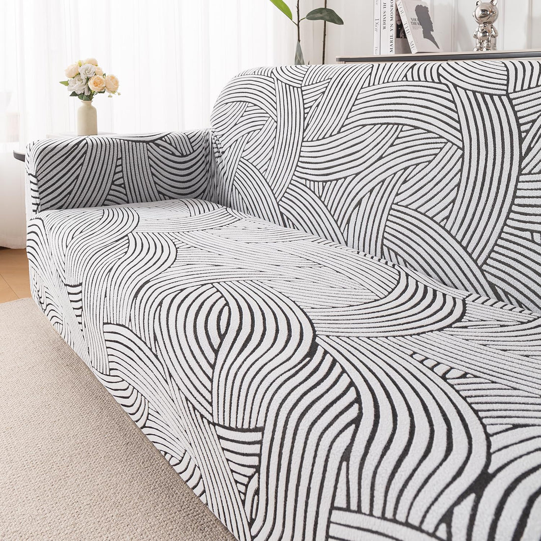 'WaveLine Series' Jacquard Sofa Cover 1/2/3/4-seater Fully Covered, Classic White