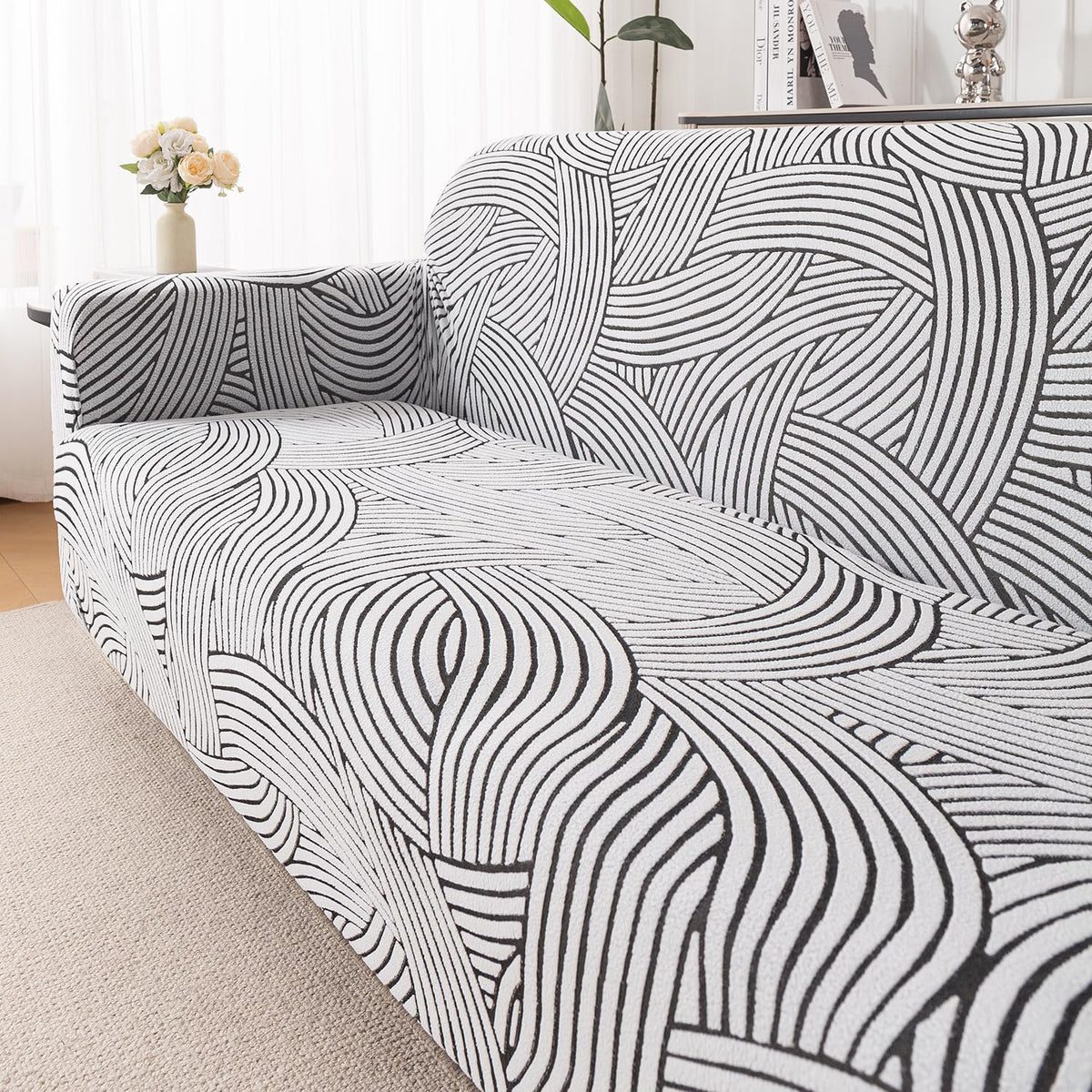 'WaveLine Series' Jacquard Sofa Cover 1/2/3/4-seater Fully Covered, Classic White