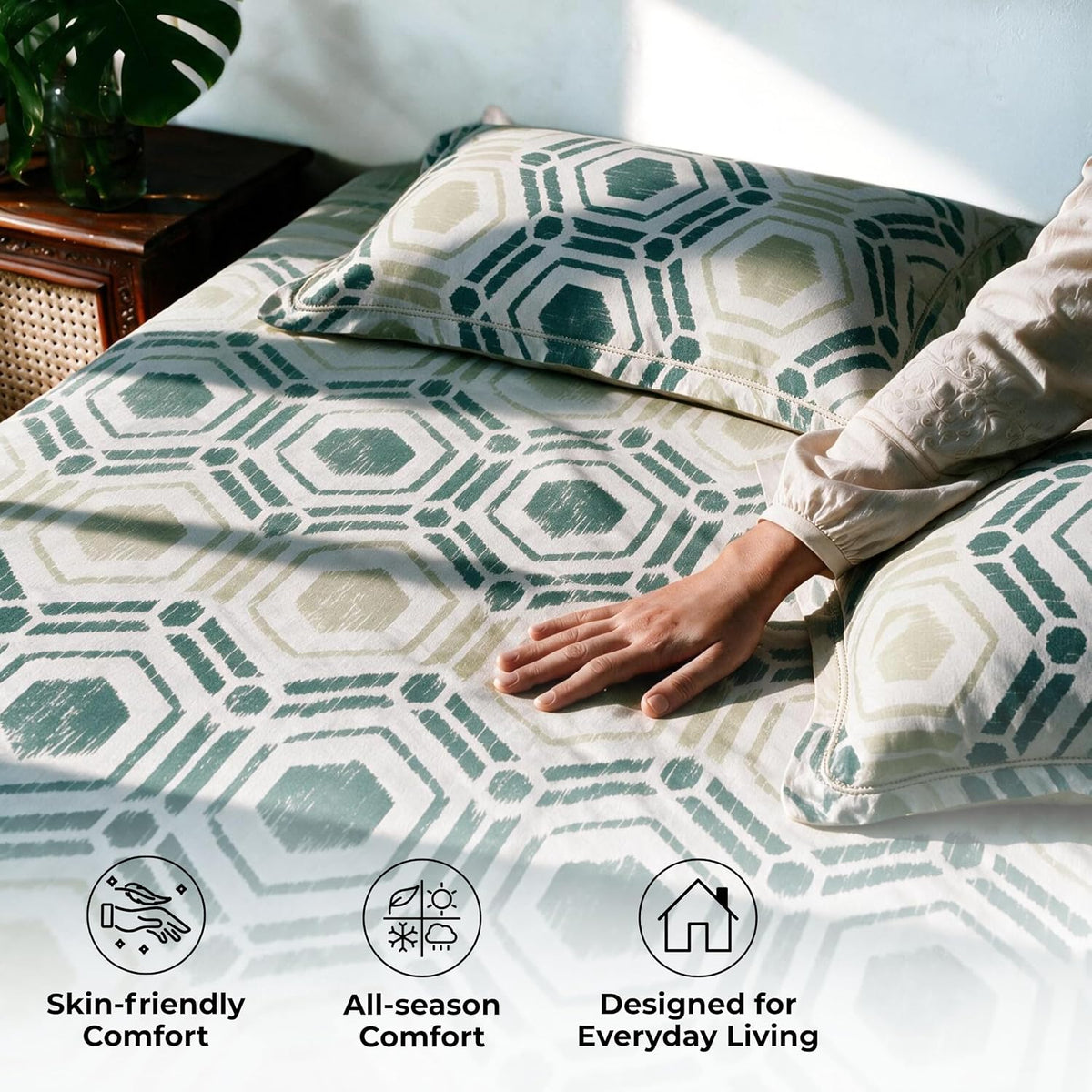 HOKIPO Geometric 180 TC Cotton Percale Flat Bedsheet, King Size, Green Teal - image 4