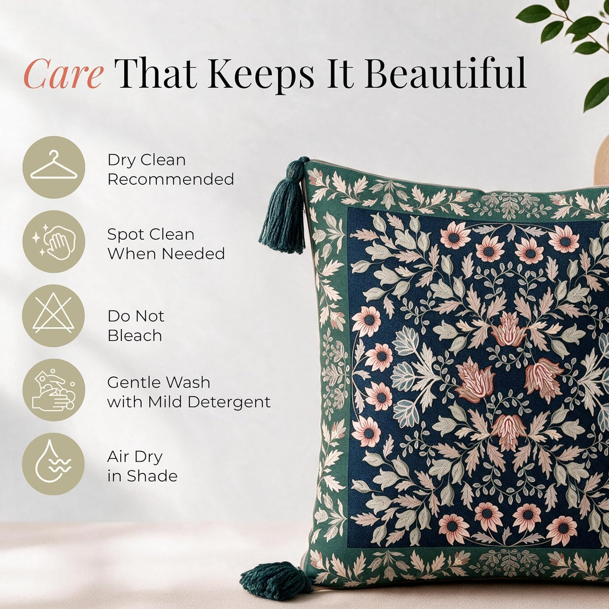 HOKIPO Floral Printed & Embroidered Cushion Cover, Midnight Blue, Set of 2 - image 7