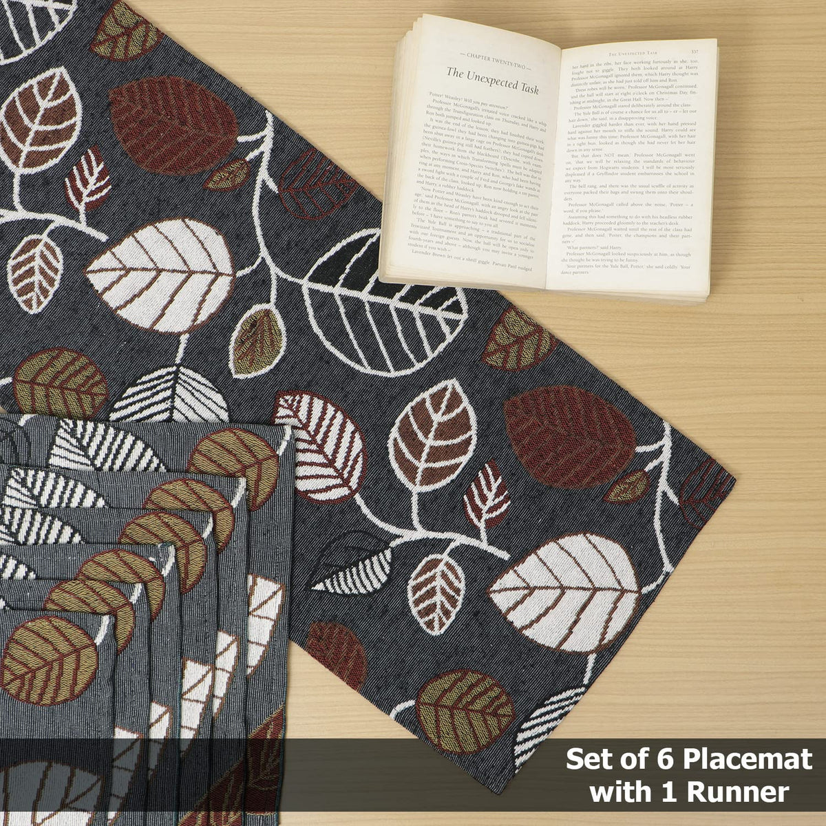 Cotton Jacquard Dining Table Mats, Grey Leaves