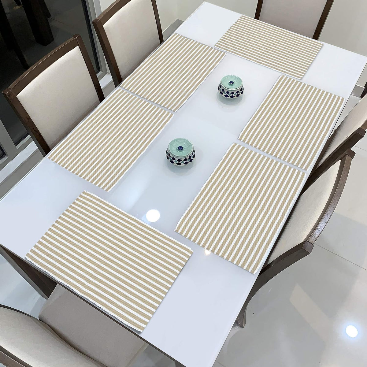 Ribbed Cotton Heat Resistant Dining Table Mat, Brown Striped