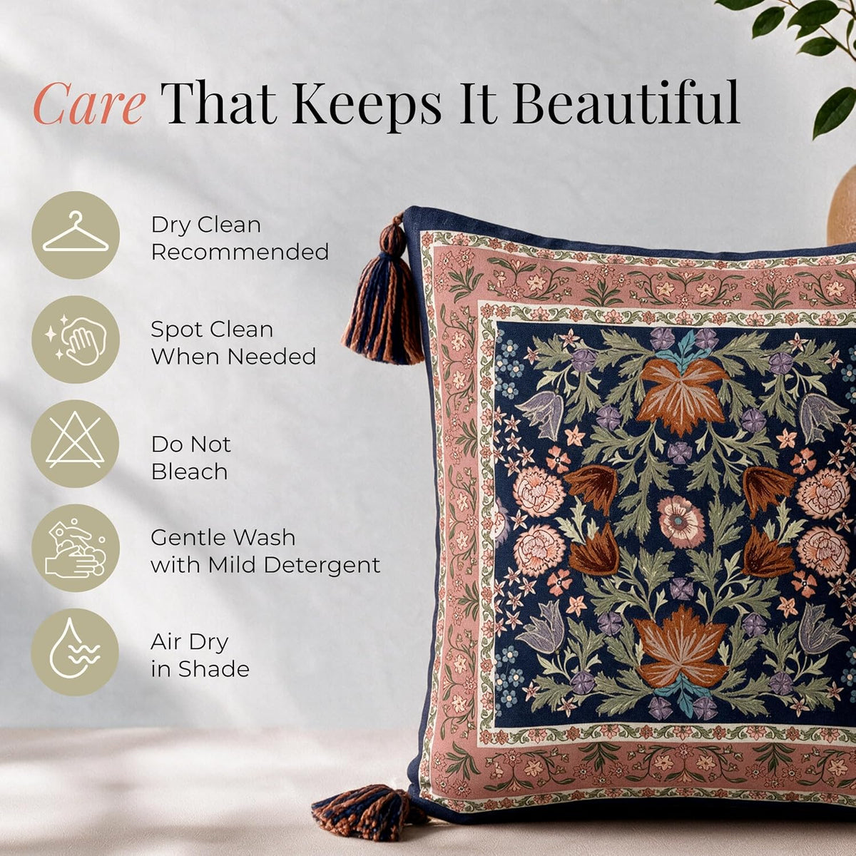 HOKIPO Decorative Floral Printed & Embroidered Cushion Cover, Midnight Navy, Set of 2 - image 7