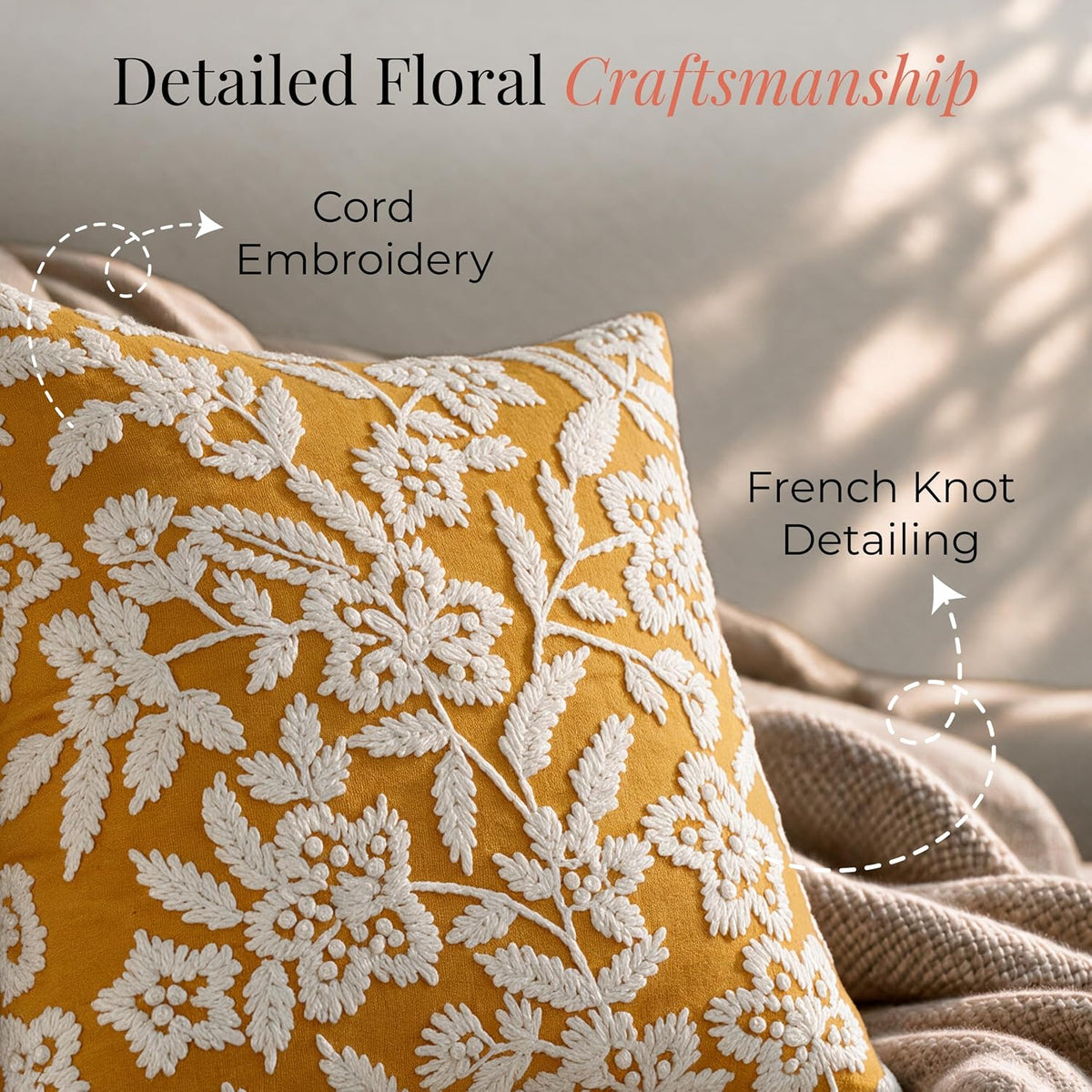 HOKIPO Cord Embroidered Cushion Cover, Floral Mustard Yellow, 16 x 16 in - image 3