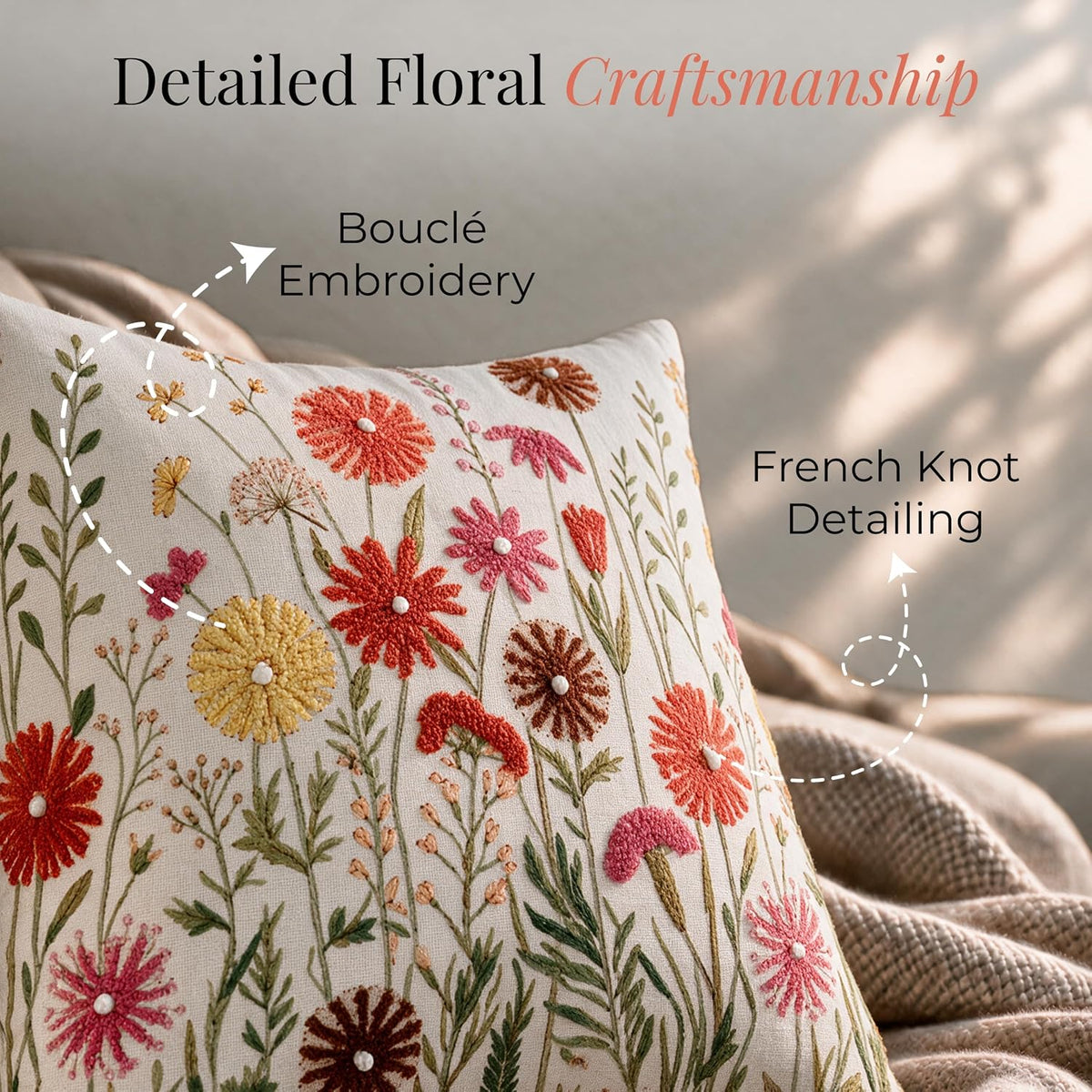 HOKIPO Bouclé Embroidered Cushion Cover, Meadow Multicolor, 16 x 16 in - image 3