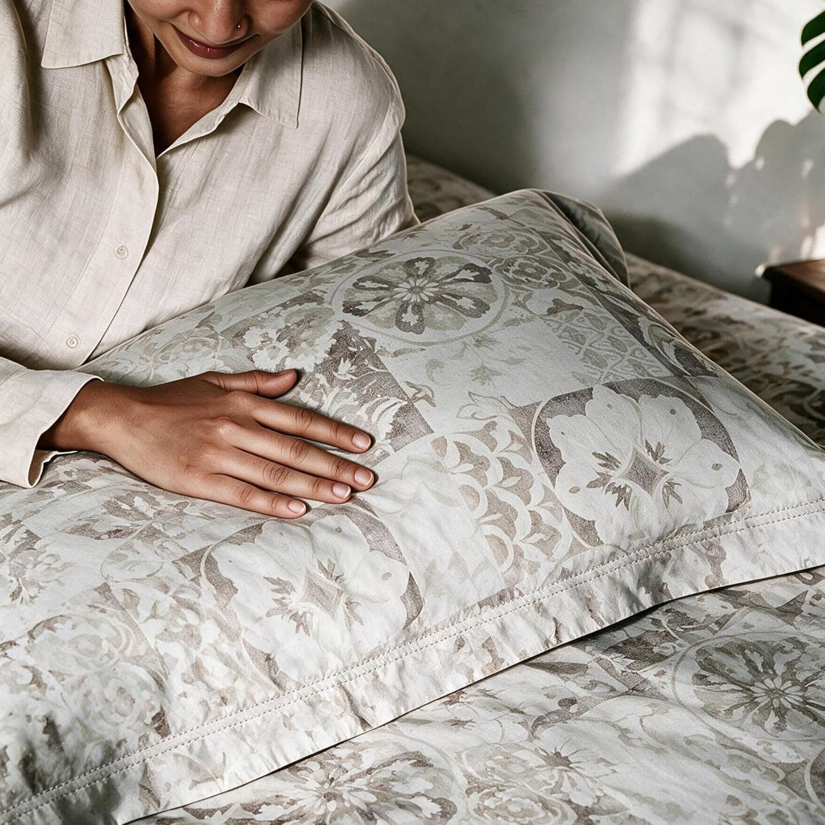 HOKIPO Suzani Patchwork 210 TC Cotton Sateen Flat Bedsheet, King Size, Sand - image 7