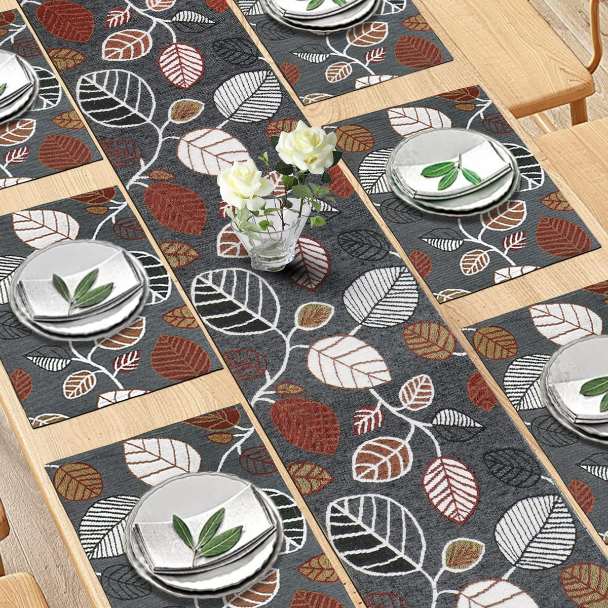Cotton Jacquard Dining Table Mats, Grey Leaves