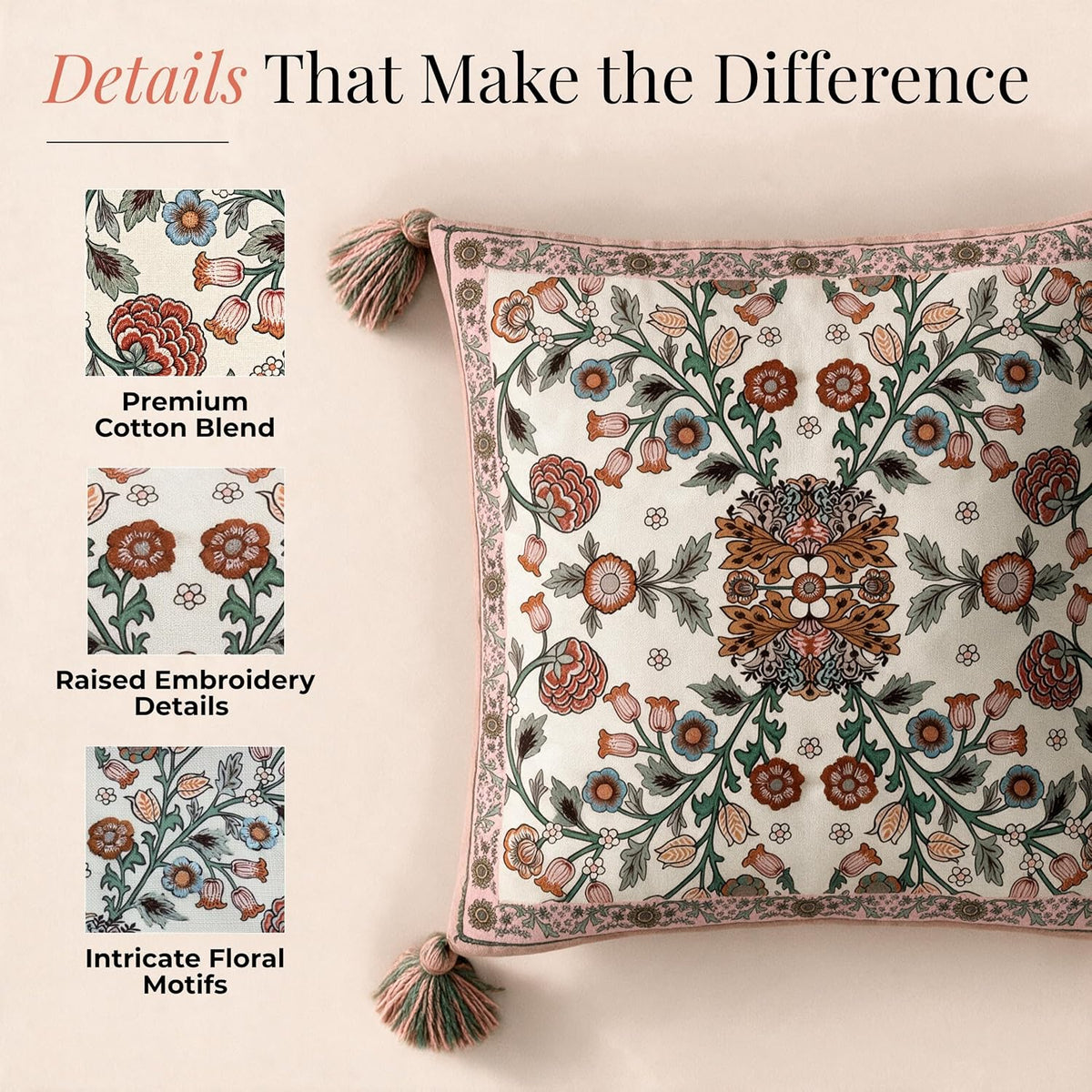 HOKIPO Floral Heritage Printed & Embroidered Cushion Cover, Saffron, Set of 2 - image 3