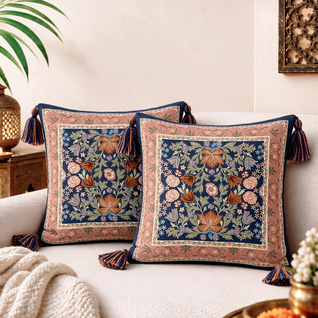 HOKIPO Decorative Floral Printed & Embroidered Cushion Cover, Midnight Navy, Set of 2 - image 1