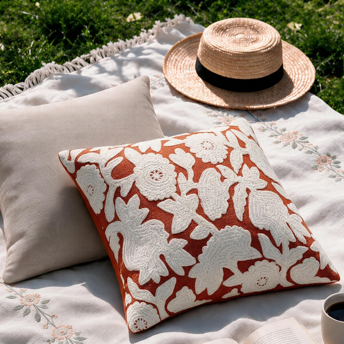 HOKIPO Plush Crewel Embroidery Cushion Cover, Floral Burnt Orange, 16 x 16 in - image 7
