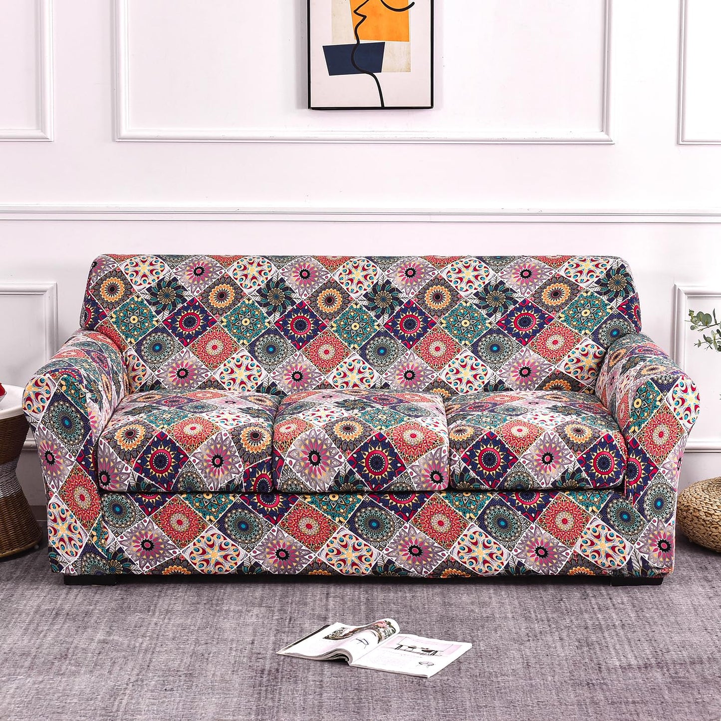 Printed Stretchable Sofa Slipcover with 1/2/3 Pc Separate Seat Cushion Cover for each 1/2/3 Seater, Spectrum Mosaic Magic
