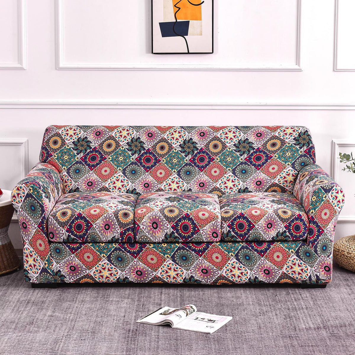 Printed Stretchable Sofa Slipcover with 1/2/3 Pc Separate Seat Cushion Cover for each 1/2/3 Seater, Spectrum Mosaic Magic