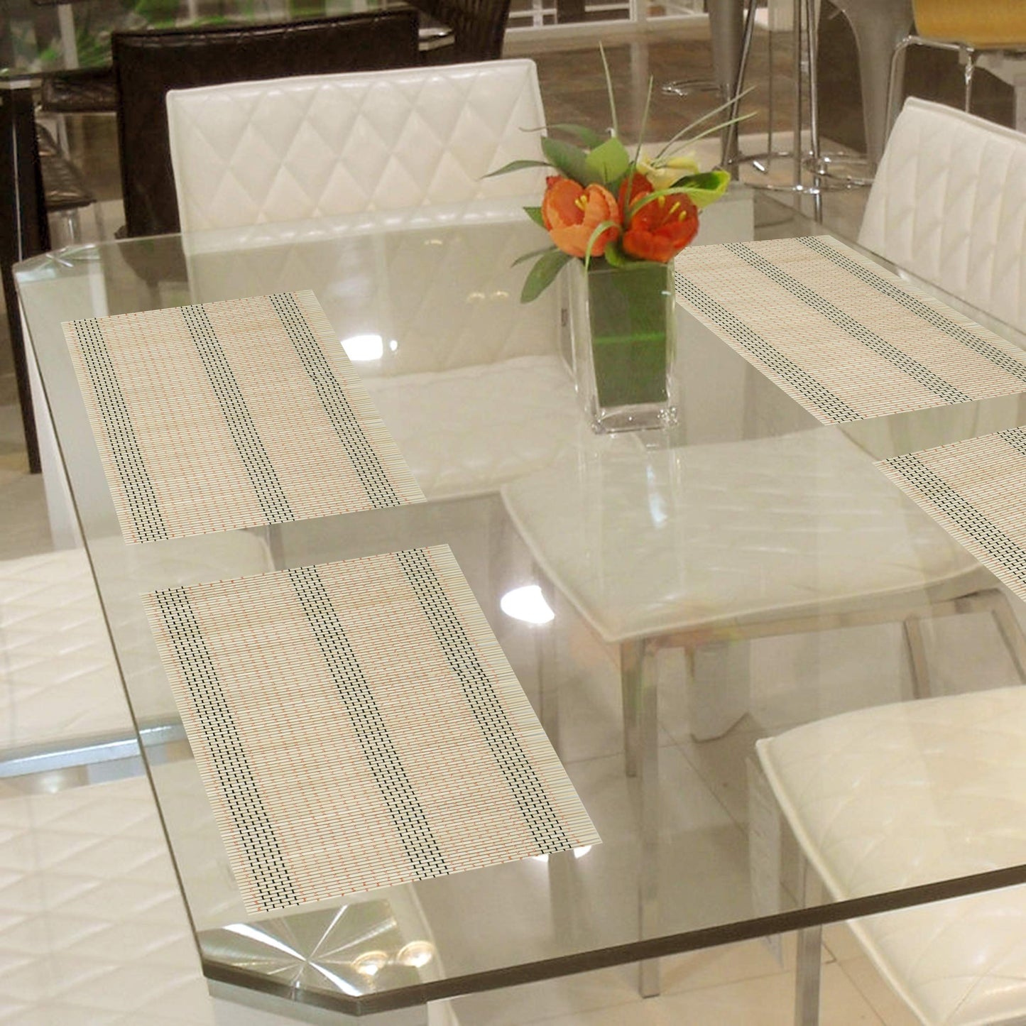 Reversible Bamboo Placemats Set Of 6 Table Mats, 45X30 Cm, Beige
