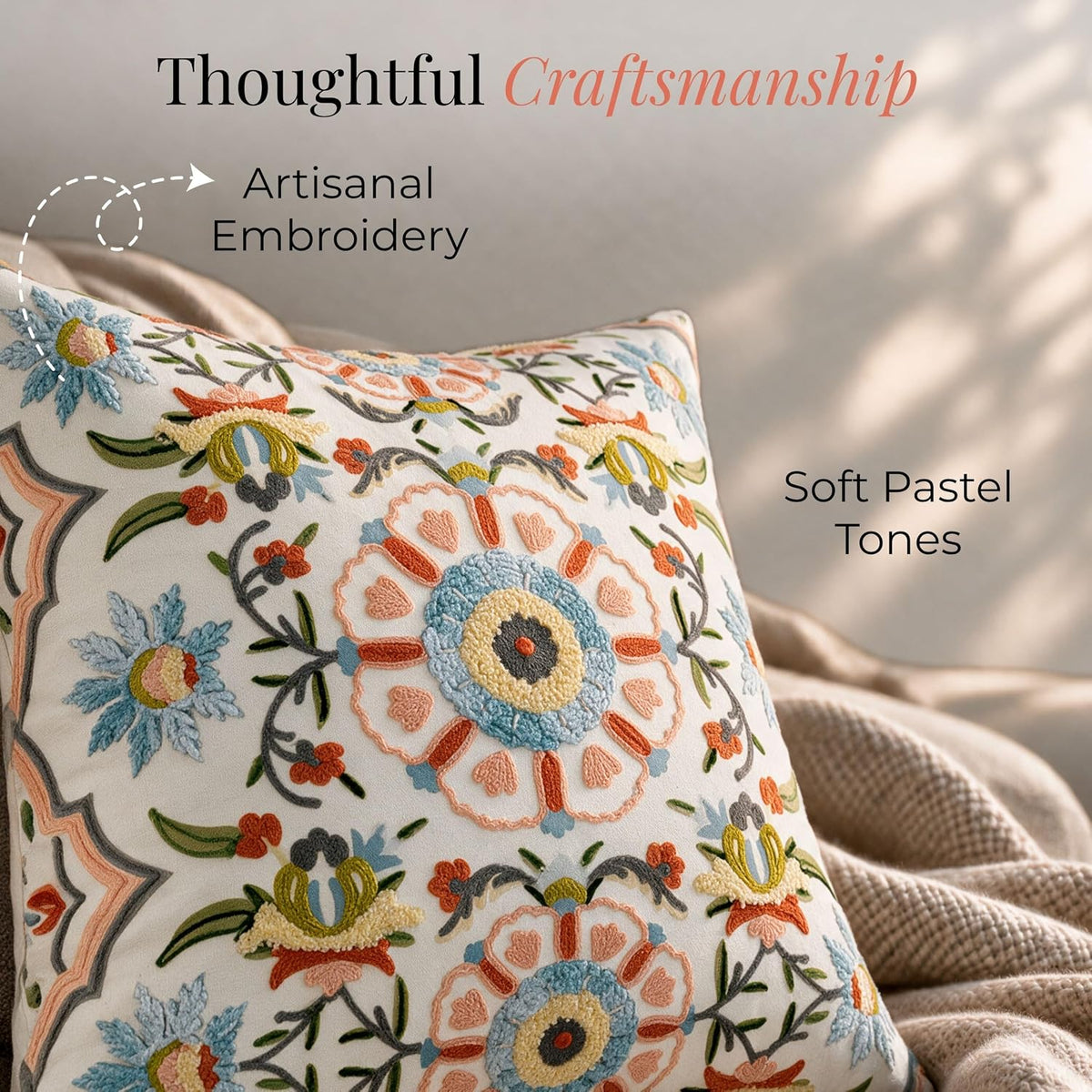 HOKIPO Crewel Embroidery Cushion Cover, Floral Medallion Multicolor, 16 x 16 in - image 3
