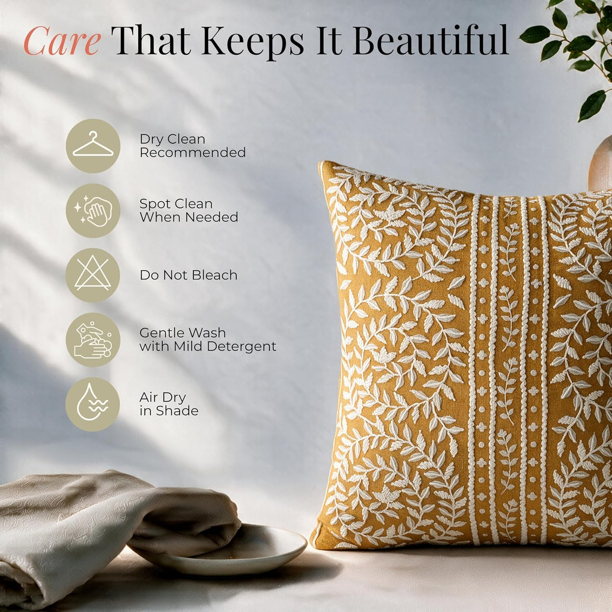HOKIPO Printed Cushion Cover with Embroidery, Botanical Stripe Mustard, 16 x 16 in - image 6