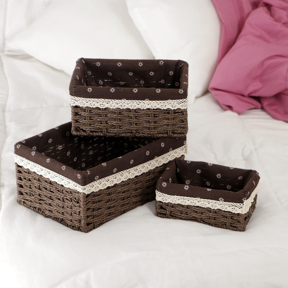 Eco-Friendly Handwoven Paper Weave Wicker Oval Basket For Home, Office, Wardrobe. Pack Of 3, Brown