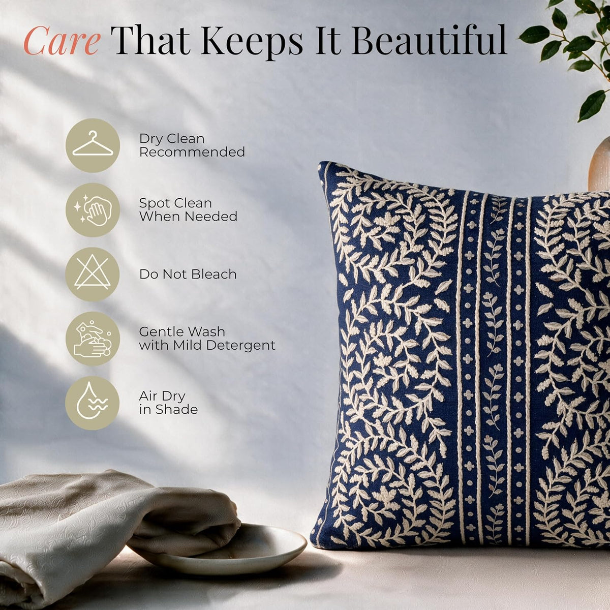 HOKIPO Printed Cushion Cover with Embroidery, Botanical Stripe Blue, 16 x 16 in - image 6